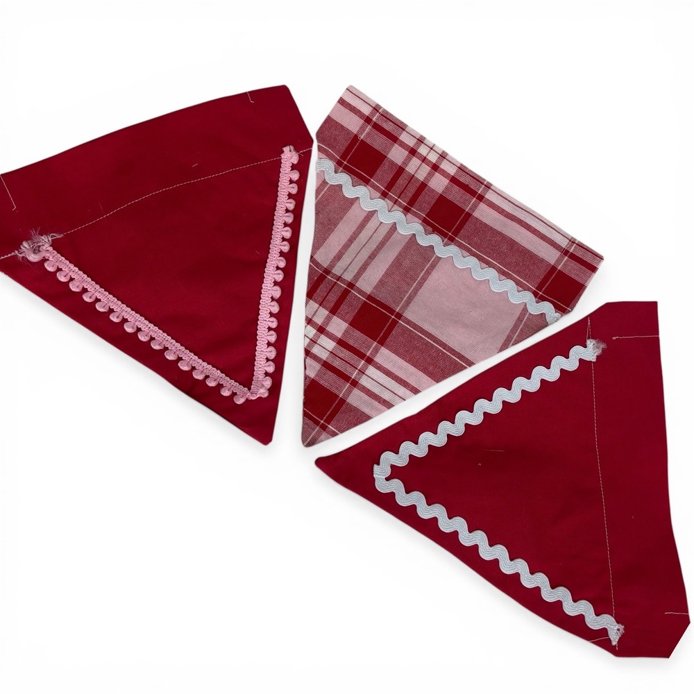 Handmade Dog Bandana Set of 3 Pink Plaid & Red Rickrack Trim Sz M